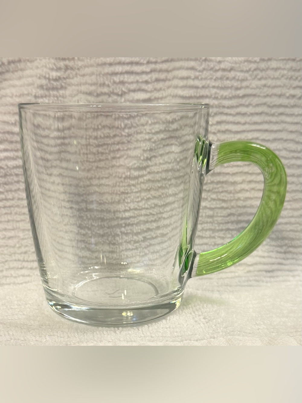 Turkish Paşabahçe Clear Glass Mug with Green Handle